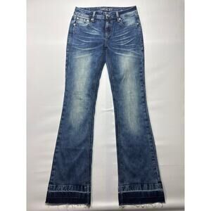 Grace in L.A. Women's Embossed Pocket Raw Hem Flare Blue Jeans - Size 28 (28x33)